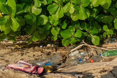 SABAH MALAYSIA - MAY 17 2019;  disgarded plastic rubbish washed up on Asian beach forms environmental hazard.のeditorial素材