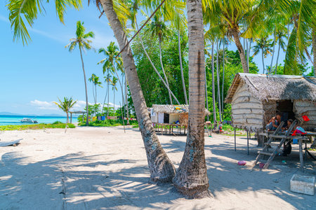 SIBUAN ISLAND BORNEO -MAY 11 2019; Thatch stilt homes on idyllic tropical beach where few poeple live a hard live on tropical island.のeditorial素材