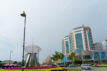 KOTA KINABALU BORNEO - JUNE 1 2019; Outstanding stainless steel public art, sculpture on vehicle...