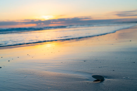 Oceanbeach as sun is on horizon creating golden glow across sea to beach still in dark of morning.