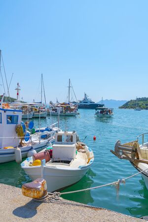 Ermioni waterfront moored fishing boats on Peloponnese Peninsula, Greece.の写真素材