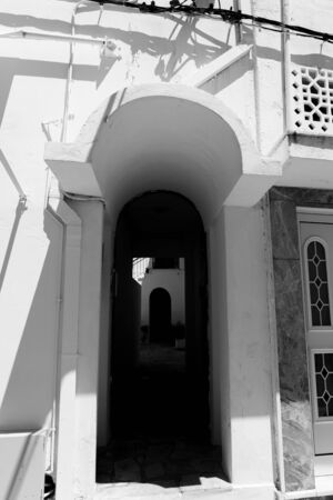 Stucco architectural arch over entrance and corridor in black and white vertical composition.の写真素材