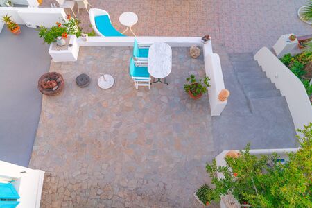 Architectural terrace features from birdseye view of typically Greek Island architectureの写真素材