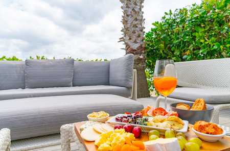 Great gourmet food on platter in casual setting.の写真素材