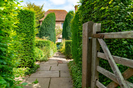 Garden path past open gate between trees and plants with building at end.の写真素材