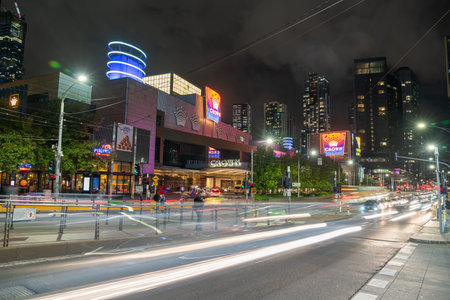 Melbourne Australia - March 14 2020;City street scene in long exposure with blurred shapes and...