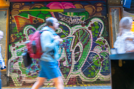 Melbourne Australia - March 10 2020; Blurred shapes of people walking through Centre Place Laneway...