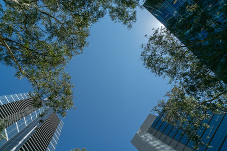 Melbourne Australia - March 10 2019; Tall ultra-modern buildings from low point of view looking skyward.のeditorial素材