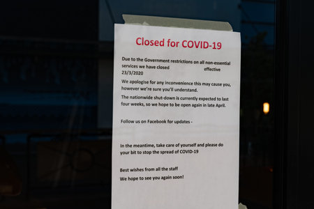 Shop window notices advising closed during the 2020 covid-19 pandemic lockdown in Tauranga CBD, New...