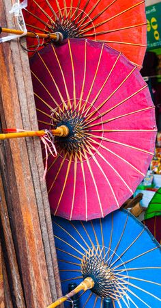Three Asian different color oil paper umbrellasの写真素材