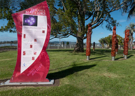Tauranga New Zealand - May 15 2020; Interpretation boards telling the story of pou whenua on The Strand Tauranga New Zealand.のeditorial素材