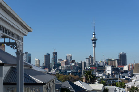 Auckland New Zealand - May 22 2020; City central business district and landmark Skytower in distance...