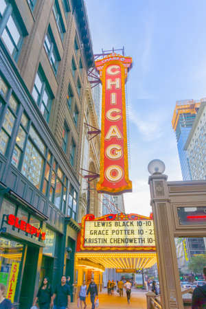 Chicago USA - August 28 2015; Retro style illuminated sign of iconic Chicago Theater among architecture and cityscapes  of city in Illinois, USA.のeditorial素材