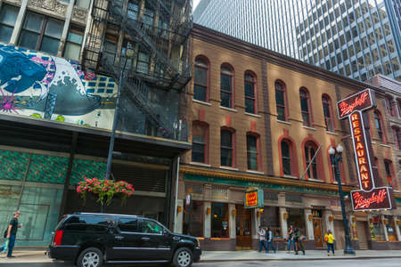 Chicago USA - August 29 2015;Architecture and street scene outside The Berghoff famous historic restaurant on West Adams Street.のeditorial素材