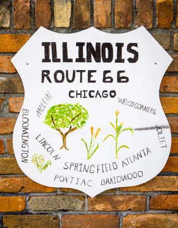 Atlanta Illinois USA - August 31 2015; Illinois towns along on Route 66 wall sign in Atlanta, Illinois, USA, Route 66.のeditorial素材