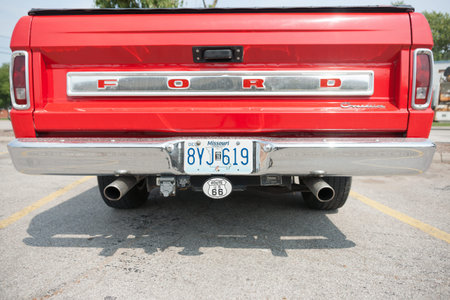 Litchfield USA - September 1 2015; closeup back of Classic Ford 100 pick-up truck on Route 66,