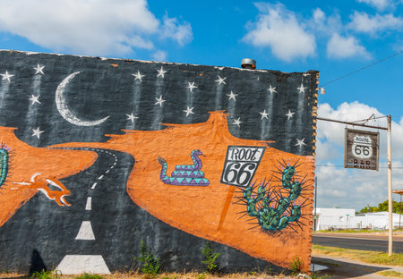 Sayre USA - September 11 2015; Typical Route 66 signs and imagery along the highway.のeditorial素材