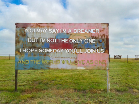 Route 66 USA - September 11 2015; Words of John Lennong cut-out sign honoring US armed forces in Texas field along Route 66.のeditorial素材