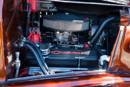 Albuquerque USA September 19 2015; Under the bonnet of Vintage American cars in Plaza Albuquerque,...