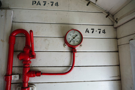 Queenstown New Zealand - February 28 2015, Old-world transportation images of close-up gauges or components on vintage steam engine trainのeditorial素材