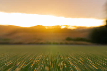 Abstract dew drops across field to distant hills and sunrise in zoom blur creating feeling on excitement and movement into new dayの写真素材