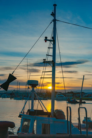 Napier waterfront, Westshore, Ahuriri, fishing boats rigging silhouette. New Zealand.