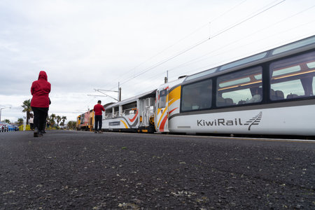 Hamilton New Zealand - July 26 2021; Kiwi Rail Northern Explorer tourist train 7322 stopped at Frankton Station en-route to Wellington from Auckland.のeditorial素材
