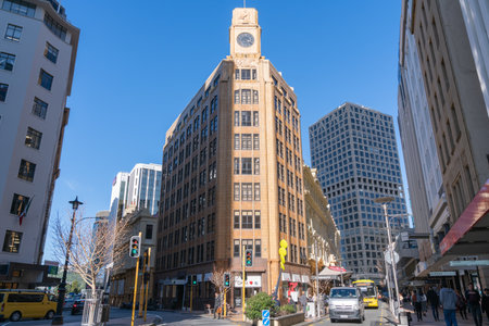 Wellington New Zealand - July 28 2021; Historic art deco style MLC building surrounded by city business district high-rise buildingsのeditorial素材
