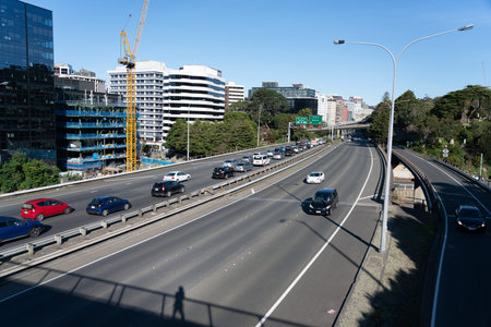 Wellington New Zealand - July 31 2021; Queued cars waiting at arrival of downtown city on highway...
