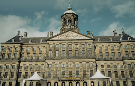 Amsterdam Netherlands August 19 2017; Ornate architecture of Amsterdam Netherlands Royal Palace on...