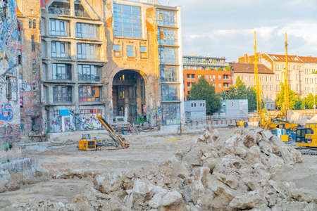 Berlin, Germany - August 28 2017; Old rock rubble demolition from destroyed building on construction site in grungy part of city.1のeditorial素材