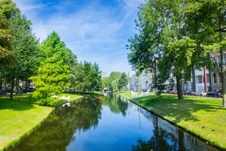 Urban park leafy trees idyllically reflected in calm water of canal running through city under large leafy treeの写真素材