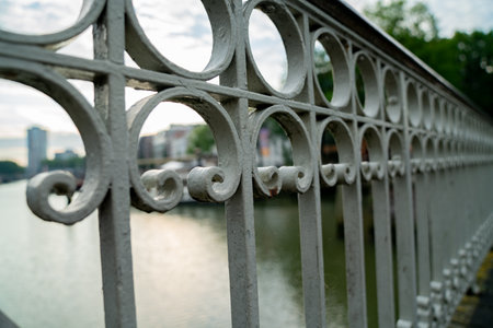 Wrought iron protective railing along bridge side over Old Harbour in city of Rotterdam, Netherlands.の写真素材