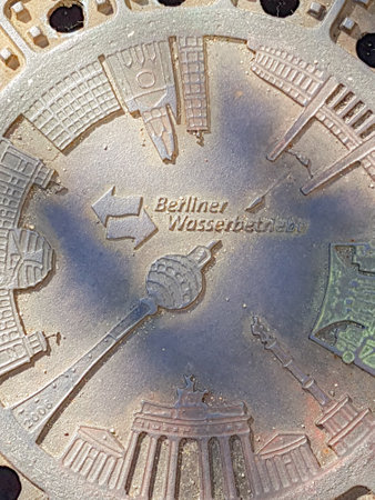 Berlin Germany - August 27 2017; Ornate heavy steel waste-water manhole cover with imaging of Berlin TV tower and buildings in city streetのeditorial素材
