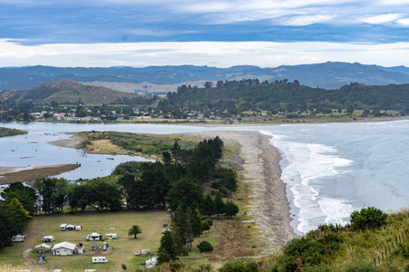 View of Tolaga Bay coast and estuary from hill above on East Coast North Island New Zealand.