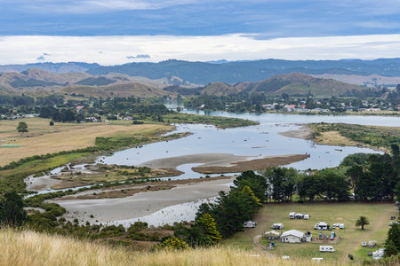 View of Tolaga Bay coast and estuary from hill above on East Coast North Island New Zealand.の写真素材