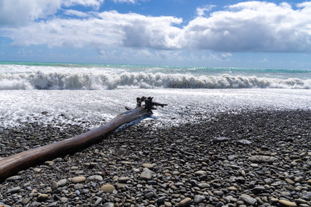 Huge seas crashing on stony beach at Te Araroa aound large log on beach, on New Zealand's East...