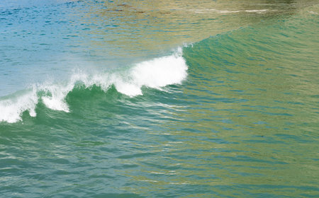 Surf waves with white water crests rolling in at Tolaga Bay, New Zealand.