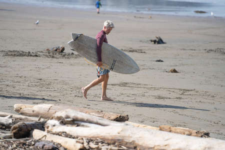 Tolaga Bay - New Zealand - February 5 2022; Lone surfer walks along beach carrying surfboard to water.のeditorial素材