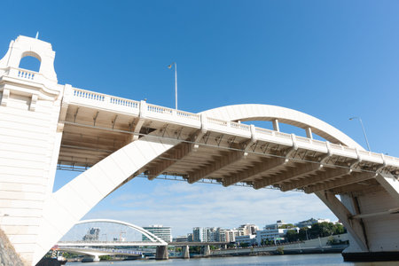 Urban skyline through William Jolley and Merivale arch bridges across Brisbane River