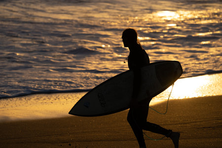 Whanganui New Zealand - April 9 2022; Surfer in silhouette walks to water's edge carrying surfboard back-lit by golden light of setting sunのeditorial素材