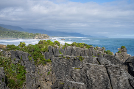 Stratified layer-like formation of famous pancake rocks at Punakaiki, on West Coast South Island New...