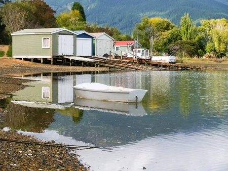 Scenic Kenepuru Sound images of water's edge and boats in Marlborough Sounds New Zealand.の写真素材