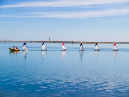 Nelson New Zealand - February 23 2007; Line of small Optimist beginners yachts in learn to sail lesson on calm harbour.のeditorial素材