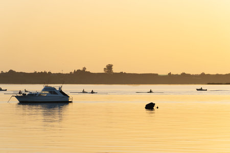 Golden hues of Tauranga Downtown waterfront sunrise over calm harbour waterの写真素材