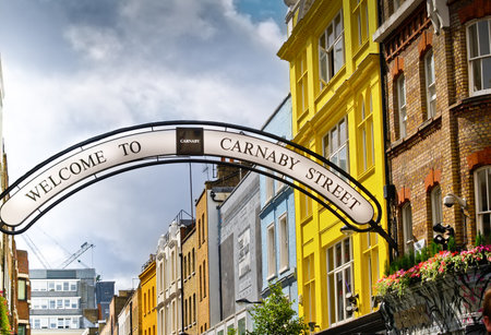 london England - July 6 2009; Editorial - Welcome to Carnaby Street famous arching sign between buildings and across street.のeditorial素材