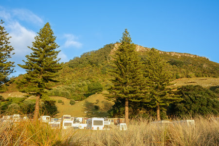 Mount Maunganui and camping ground from beach, New Zealand.の写真素材
