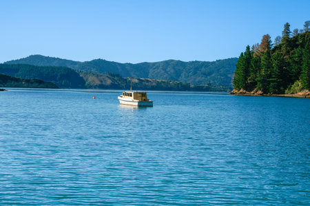 Scenic Marlborough Sounds view. from Queen Charlotte Track Walk with boat moored in bay.
