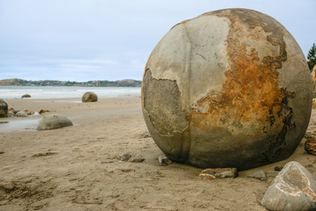 Moeraki Boulders famous spherical rocks on Koekohe Beach in Otago New Zealandの写真素材