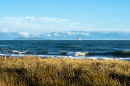 Mount Maunganui New Zealand - January 9 2022: Cruise ship arriving at Mount Maunganui on horizon beyond breaking wavesの写真素材